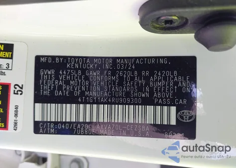 2024 Toyota Camry Se/Se Nightshade from USA, damaged, VIN 4T1G11AK4RU909300